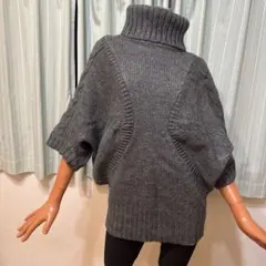 グレー タートルネック ニット 五分袖