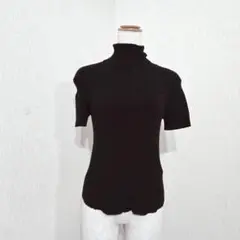 半袖タートルネックリブニット（M）ブラック　レーヨン混　美シルエット