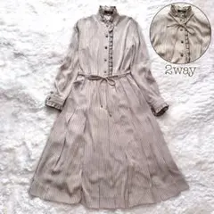 レリアン ロングワンピース ストライプ ドット フリル スタンドカラー ベージュ