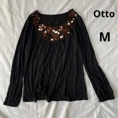 極美品　オットー　スパンコール装飾ラウンドネック長袖カットソー（M）ストレッチ