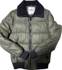 ZARA ボア襟 ラバーコーティング ダウンジャケット カーキ S