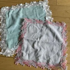 アンティーク クロシェレース装飾クロス リネンハンカチ コーラル