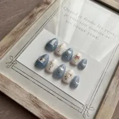 ねこホワイトブルー　ネイルチップ 10個セット ショートアーモンド