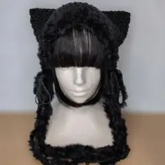 手編みの猫耳ニット帽❗️チャコールブラック❌️モヘア＋ファー。あご紐付き、y2k