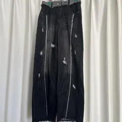 ダメージ加工 ダークデニム ワイドレッグパンツ