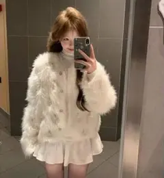 パール付き 長袖 カーディガン シャギーニット アイボリー SHEIN