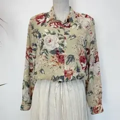 昭和レトロ 花柄 長袖ブラウス ヴィンテージ風 L相当 ベージュ系