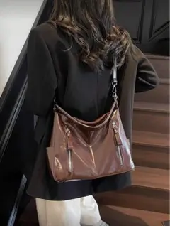 SHEIN ダークブラウン ショルダーバッグ フェイクレザー素材 大容量