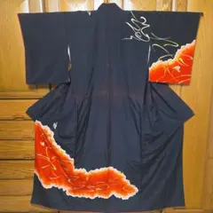 着物　袷　訪問着 　花柄 黒 赤