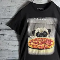 パグ 犬 ピザ リアルアニマルプリント Tシャツ 黒 レディースS