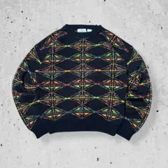 90sヴィンテージネイティブ柄ニットセーターネイビー紺色幾何学模様総柄古着L