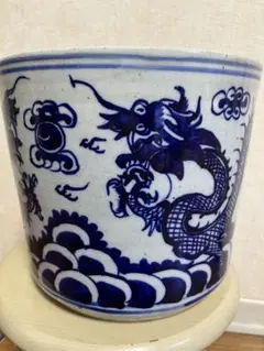 中国清代染付鉢　特大　香炉　筆立　昇龍　縁起物　運気上昇