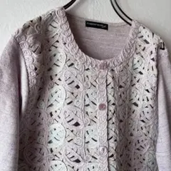 古着 デザインカーディガン 立体 レース くすみカラー ピンク M L レトロ