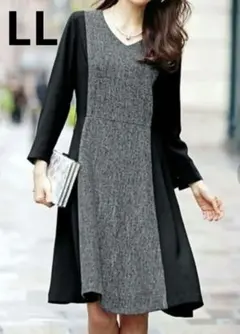 大きいサイズLL　ツイード調 ワンピース リボン ドレス フォーマルセレモニー
