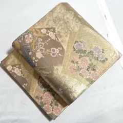 A◆着物くつろぎ 色紙に花模様 金糸 金通し 菊 椿 六通 正絹 袋帯 399