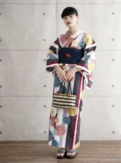花柄ストライプ浴衣 フリーサイズ