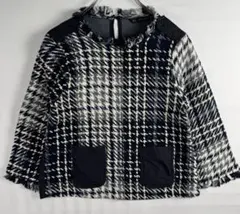 プ*ア様 ZARA ツイード調 フリンジ チェック柄プルオーバー ポケット付 M