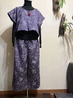 着物リメイク　紫色花柄セットアップ