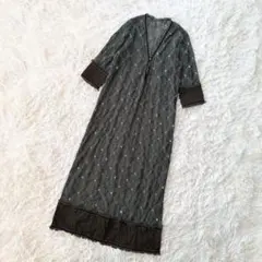 ヴィンテージ調 総レース ロングワンピース アンティーク風 ベロア切替 深緑 F