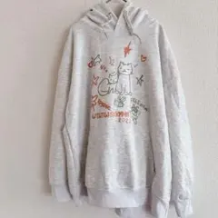 猫イラスト付き ホワイト系グレー パーカー