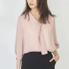 Vネックボウタイ風シフォン七分袖ブラウス オフィス ビジネス フォーマル