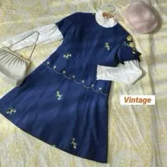 ⭐️レトロ古着　花束　刺繍　ネイビー　ワンピース⭐️昭和　ヴィンテージ 秋冬　紺色