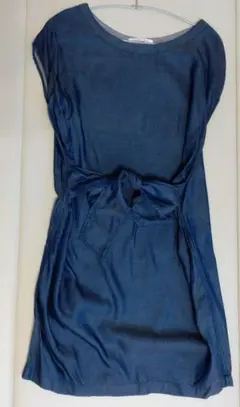 【美品】PREFERIR ネイビー　デニム風ワンピース 紐ベルト サイズ38