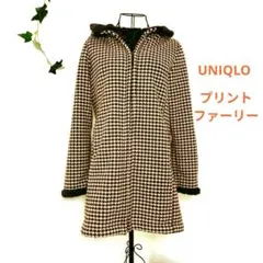 UNIQLO プリントファーリー 千鳥格子柄 フリースコート ボアトリム 赤