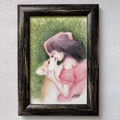 水彩画　原画 少女とコーギー　犬　額付き　手描き　色鉛筆