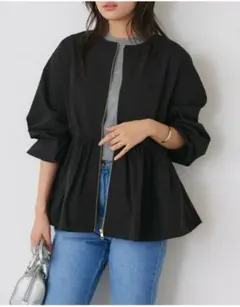 新品★ Pierrot ヘムフレアブルゾン ノーカラー／S ブラック