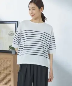 GALLORIA ボーダー裾シャーリングニット ストライプ柄 Tシャツ 五分袖