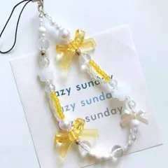 ハンドメイド໒꒱⋆イエロー リボン パール ビーズ ストラップ チャーム 推し活