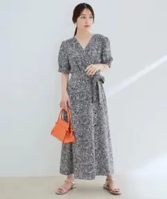 VIS【S】花柄カシュクールアソートワンピース　ネイビー