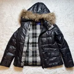 【美品】BURBERRY BLUE LABEL ブラックダウン Burberry Blue Label Down Jacket Nova Check Black Size 38