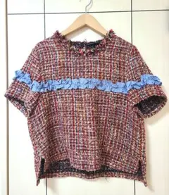 ZARAボーダー柄フリル付きツイード風半袖トップスXLニット風