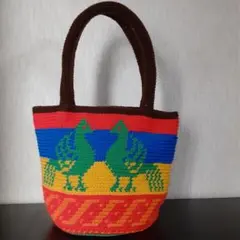 手編み編み込みトートバッグ(鳥)カラフル