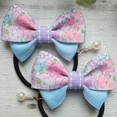 パステルフラワー　グログランリボン　キッズヘアゴム　ハンドメイド　子供　MEI