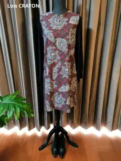 極美品☆ロイスクレヨン☆チェック×ペイズリーデザインワンピースMボルドー×紺