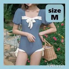 レディース 水着 体型カバー ブルー オフショル ワンピース Ｍサイズ