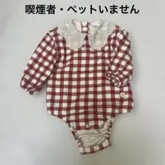 ベビー　ロンパース　長袖　レース　襟　80 ギンガムチェック　赤　赤チェック
