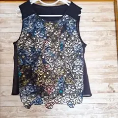 花柄刺繍レースノースリーブ シアー花柄タンクトップ トップス ブラック