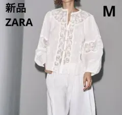 新品刺繍入りホワイトバルーンスリーブシャツ レース白ブラウスMサイズ