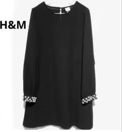 H&M エイチアンドエム 長袖 パール付 ワンピース チュニック Aライン 黒