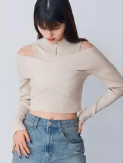MURUA オフショルダーリブニット ベージュ