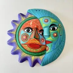 メキシコ　タラベラ焼陶器工芸品　壁飾り　太陽と月