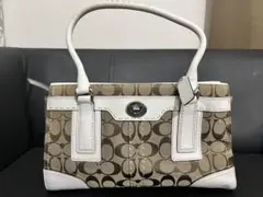 美品✩︎ COACH ロゴパターン ハンドバッグ ベージュ/ホワイト