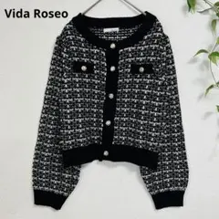 美品✨Vida Roseo ツイードニットカーデ 【M】金ボタン 黒白