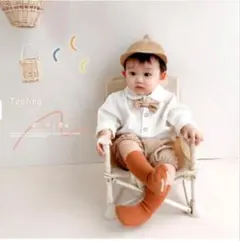 SALE! 男の子 長袖シャツ＋ボトム＋蝶ネクタイ3点セットベージュ サイズ90