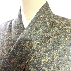 6k2 着物　正絹　袷　小紋　更紗　緑　ピンク　金色　花柄　和装