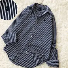 美品 ラルフローレン ストライプ シャツ ポニー刺繍 コットン100% ネイビー